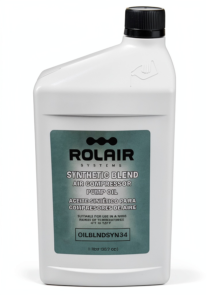 Rolair air compressor oil bottle with label showing model OILBLNDSYN34